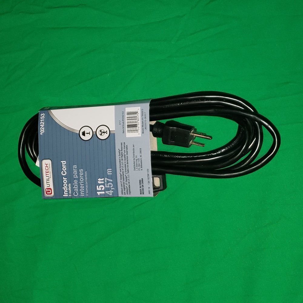 Utilitech 3 Outlet 15ft Indoor Cord Black NWT